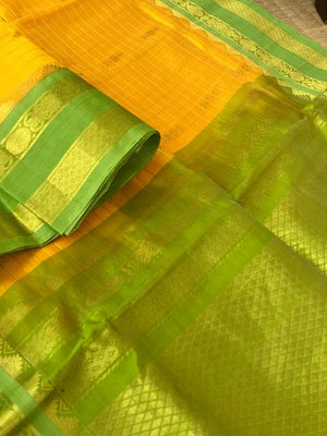 Korvai Silk Cotton - yellow and green zari kattam