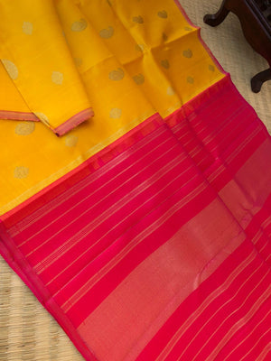 Mohaa - Beautiful Borderless Kanchivarams - gorgeous yellow and pink with paisley woven buttas