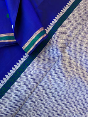 Woven from Memories - Beautiful No Zari Kanchivarams - ink blue and buttas