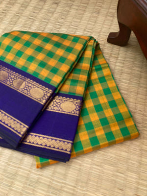 Paalum Palamum Kattams Korvai Silk Cottons - mustard and green chex with ink blue borders