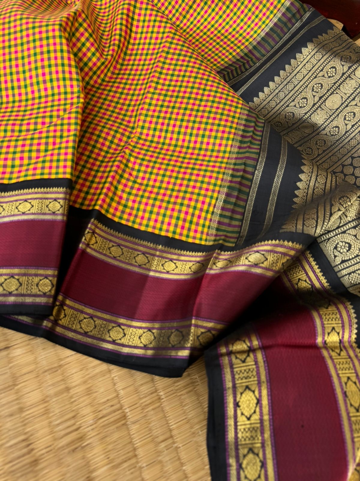 Paalum Palamum Kattam on Kanchivarams - stunning very tine mustard pink and green chex body with black and wine korvai woven retta pett borders