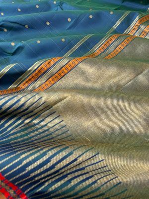 Shree - Stunning Small Border Kanchivarams - beautiful dual tone deep peacock blue green with seep reek pallu