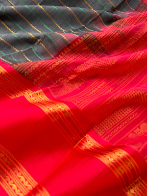 Divyam - Korvai Silk Cotton with Pure Silk Woven Borders - grey and red veldhari