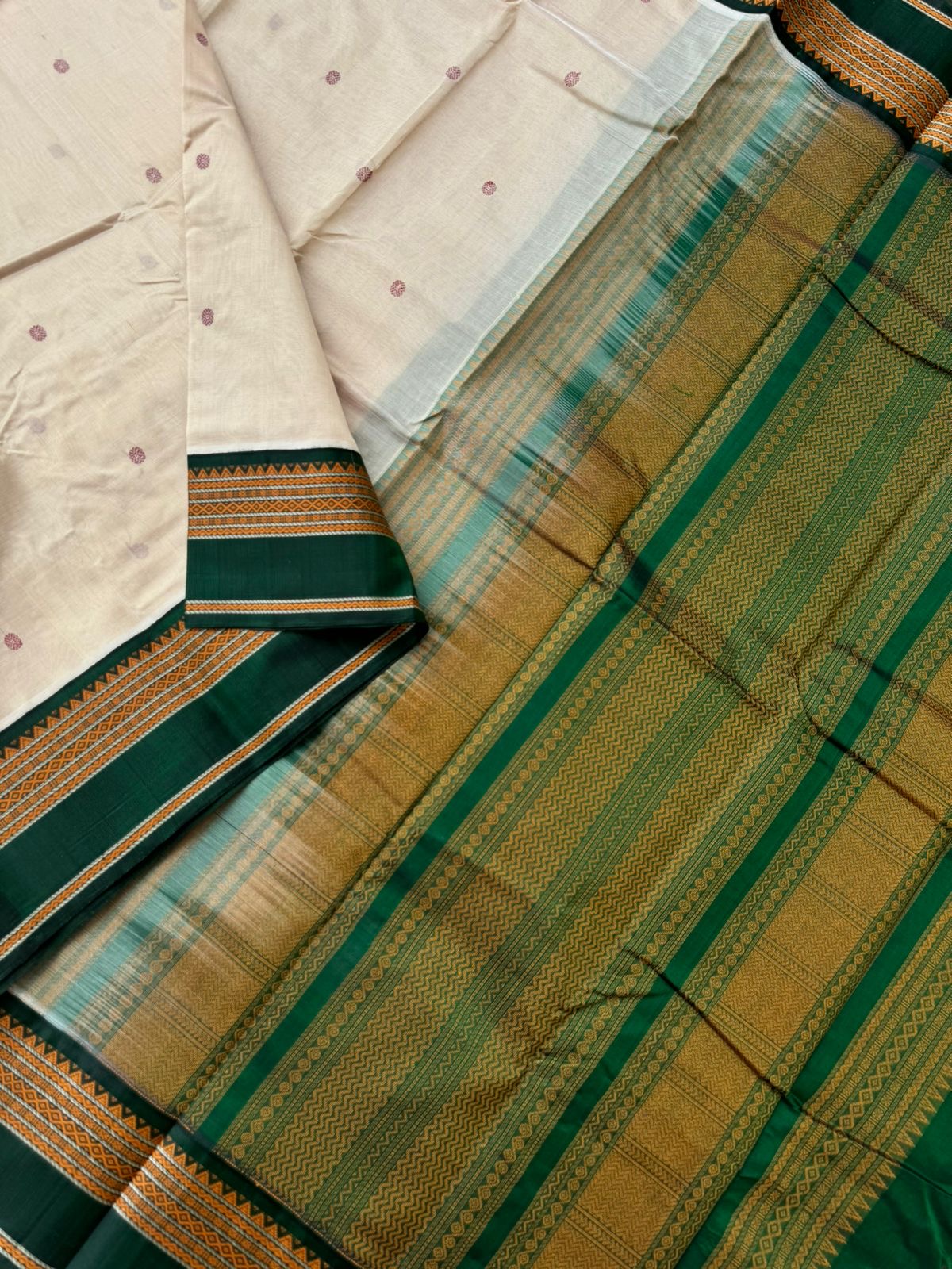 Divyam - Korvai Silk Cotton with Pure Silk Woven Borders - off white and green