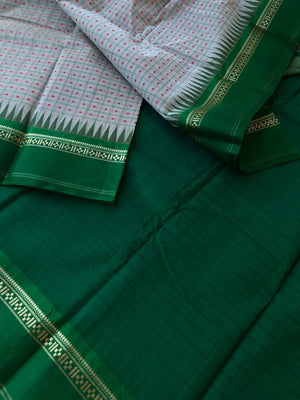 Mira - Our Exclusive Cotton body with Pure Silk Korvai Borders - greyish off white and Meenakshi green Lakshadeepam