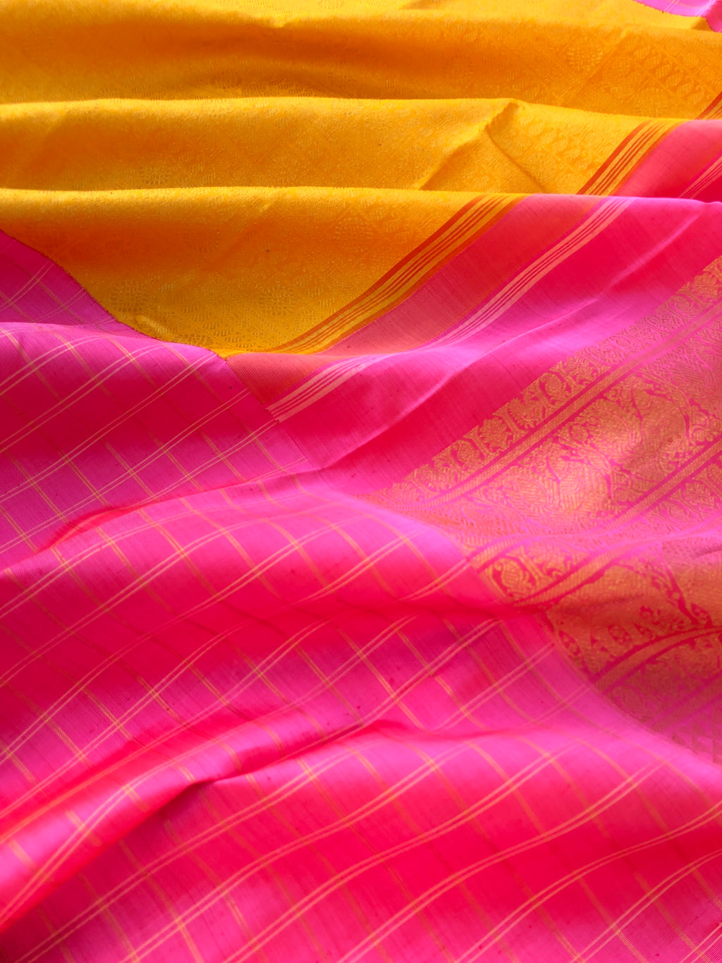 Kamakshi - One of  a Kind Kanchivaram - the golden yellow and candy pink mubbagam with central portion woven with full zari with chex woven borders