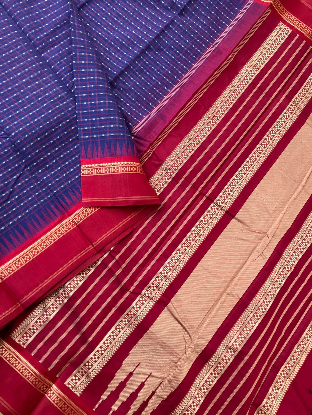 Mira - Our Exclusive Cotton body with Pure Silk Korvai Borders - ink blue and aaraku lakshadeepam