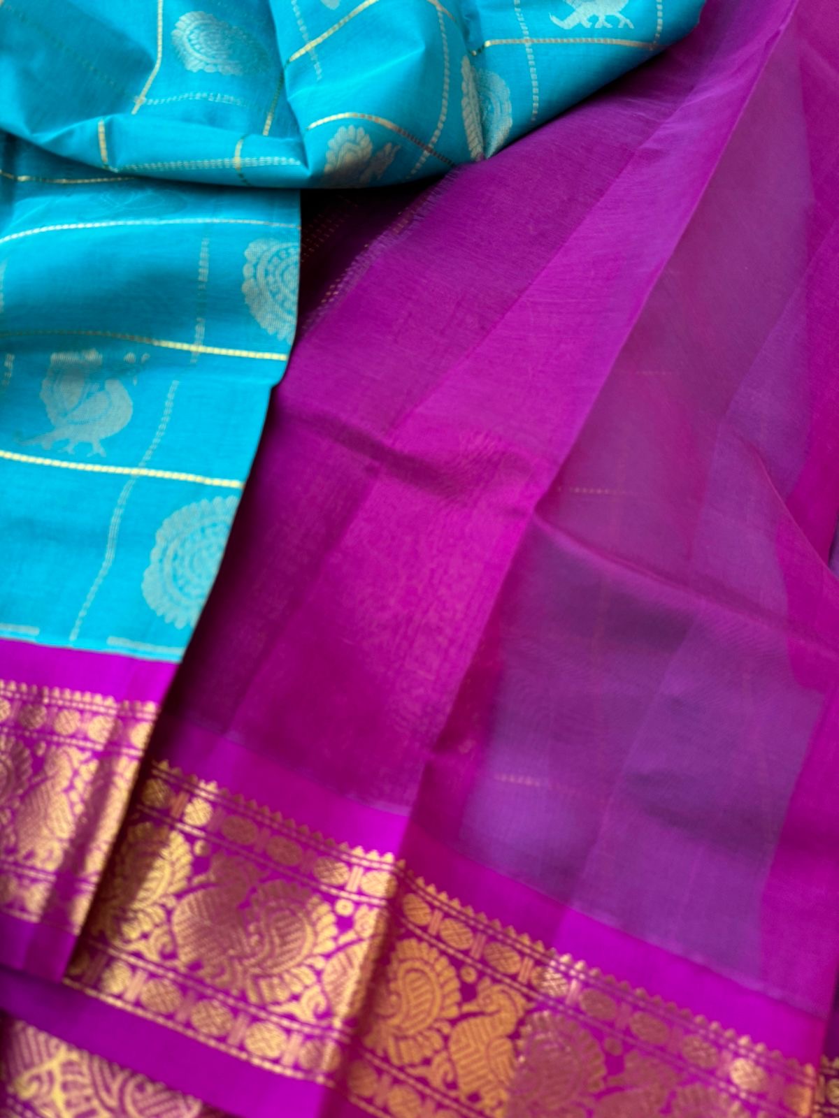 Korvai Silk Cotton - blue and pink mayil chackaram