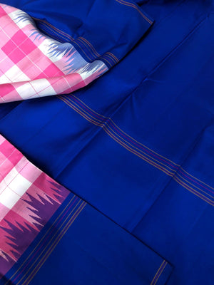 Chettinad Chexs on No Zari Korvai Kanchivaram - pink and off white chex with ms blue borders