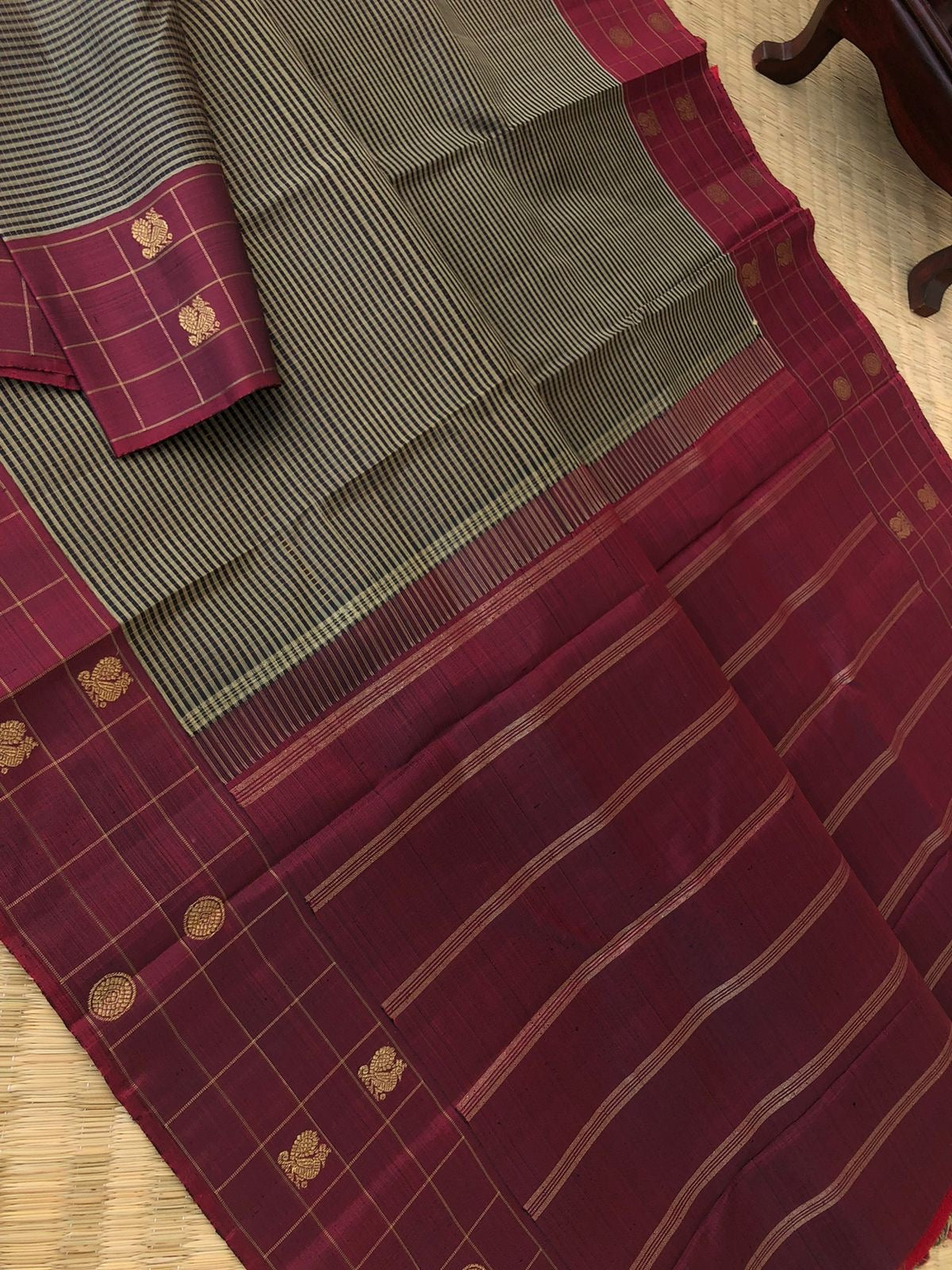 Radhee - Rare Find Kanchivarams - black grey podi kattam with wine maroon borders pallu and blouse