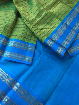 Divyam - Korvai Silk Cotton with Pure Silk Woven Borders - parrot green and blue Lakshadeepam