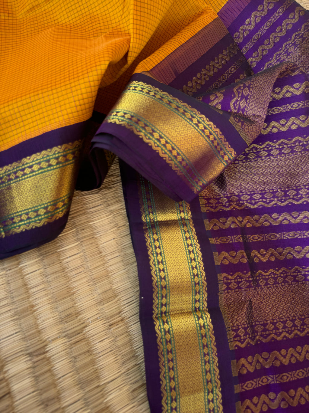 Korvai Silk Cotton - mustard and deep purple podi kattam