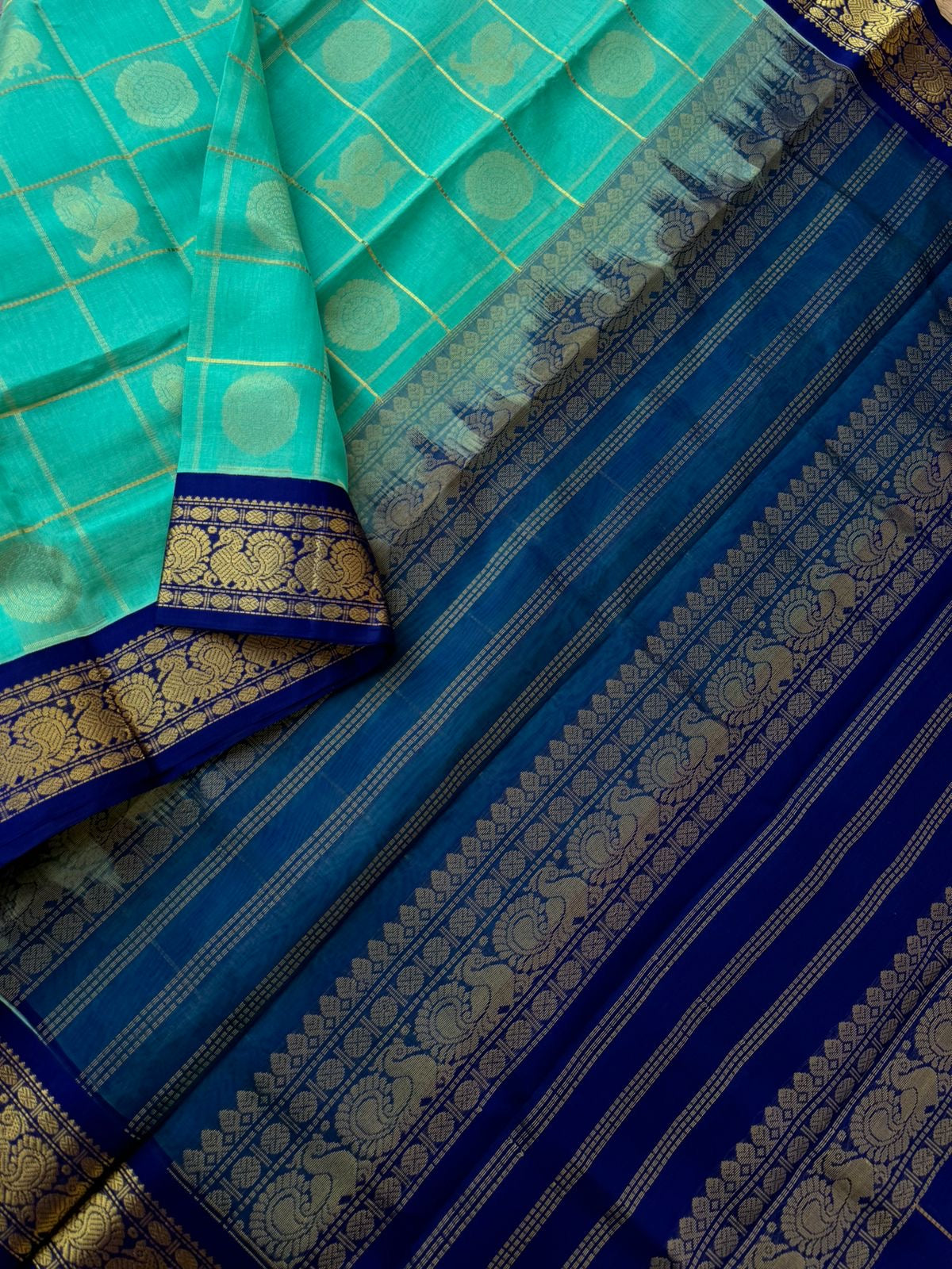 Korvai Silk Cotton - aqua blue and ink blue mayil chackaram