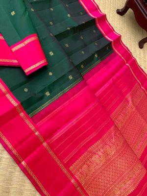 Meenakshi Kalayanam - Authentic Heirloom Korvai Kanchivarams - traditional deepest dark Meenakshi green and indian pink