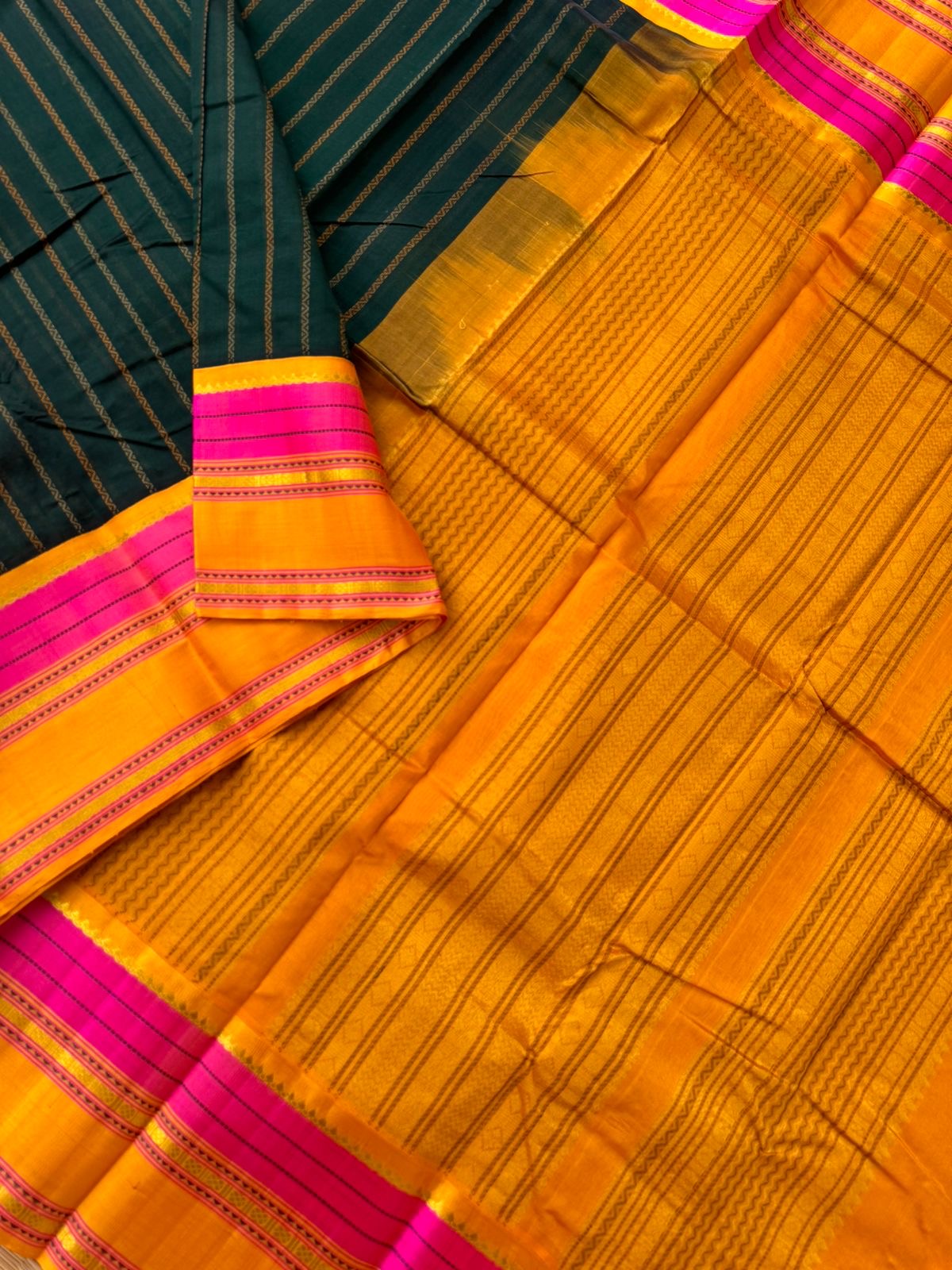 Divyam - Korvai Silk Cotton with Pure Silk Woven Borders - forest green and mustard vertical veldhari