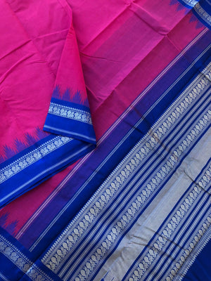 Mira - Our Exclusive Cotton body with Pure Silk Korvai Borders - Indian pink and Royal blue with annapakshi woven borders