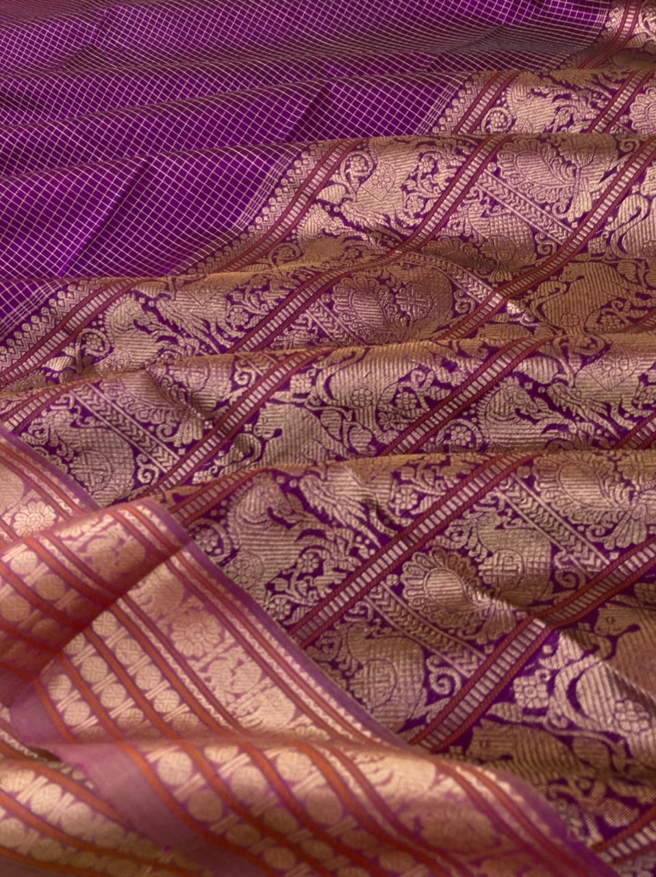 Zari Kissed Silk Cotton - deep dark purple gorgeous grand intricate zari kattam