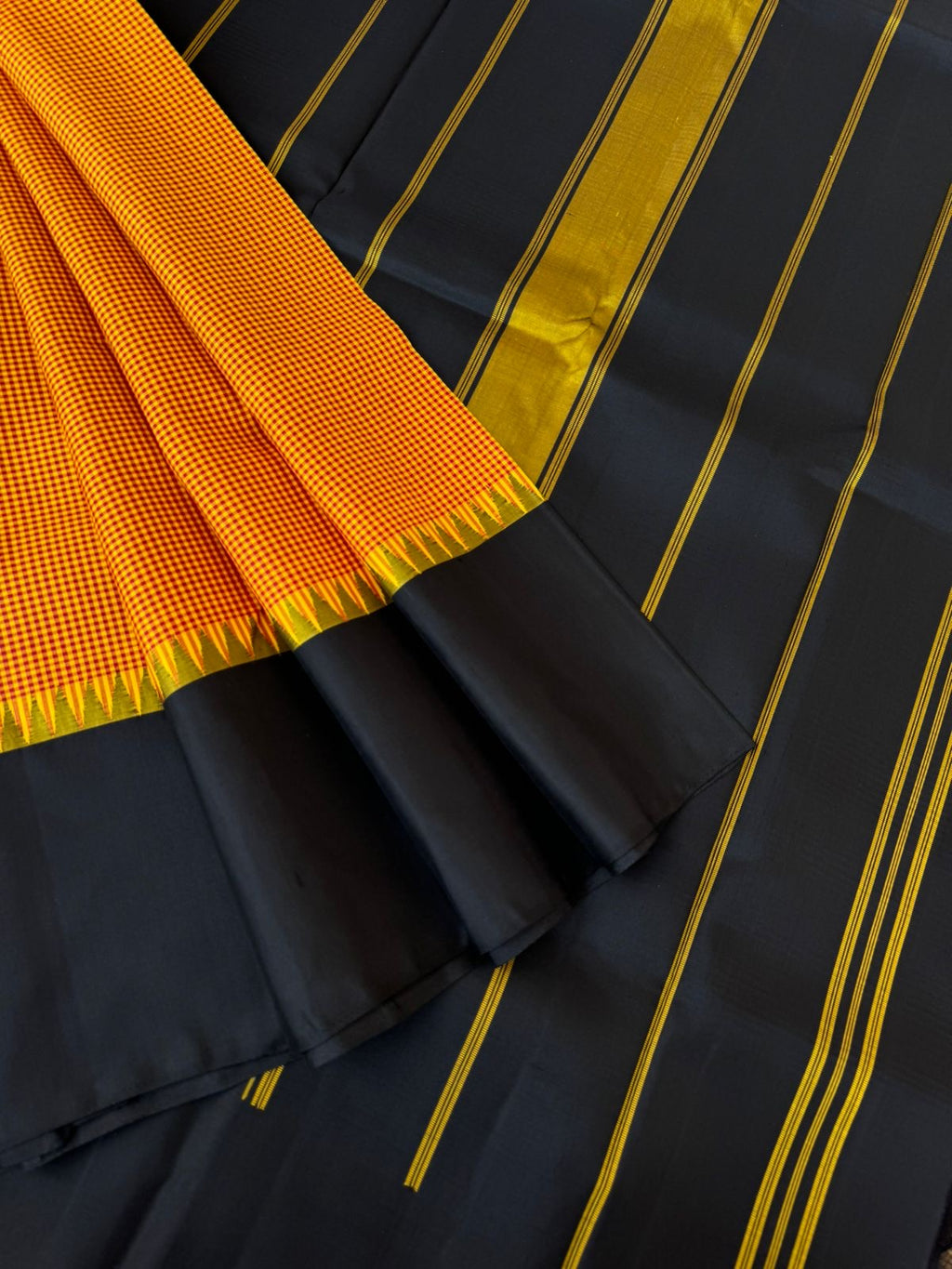 Bliss of Korvai Kanchivaram - mustard and aaraku kasa kasa kattam with black borders pallu and blouse