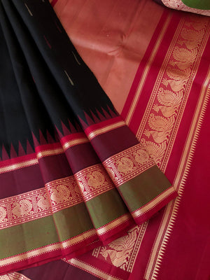 Silk Play on No Zari Kanchivaram - most beautiful black and aaraku malli mokku or rain drops motifs woven body
