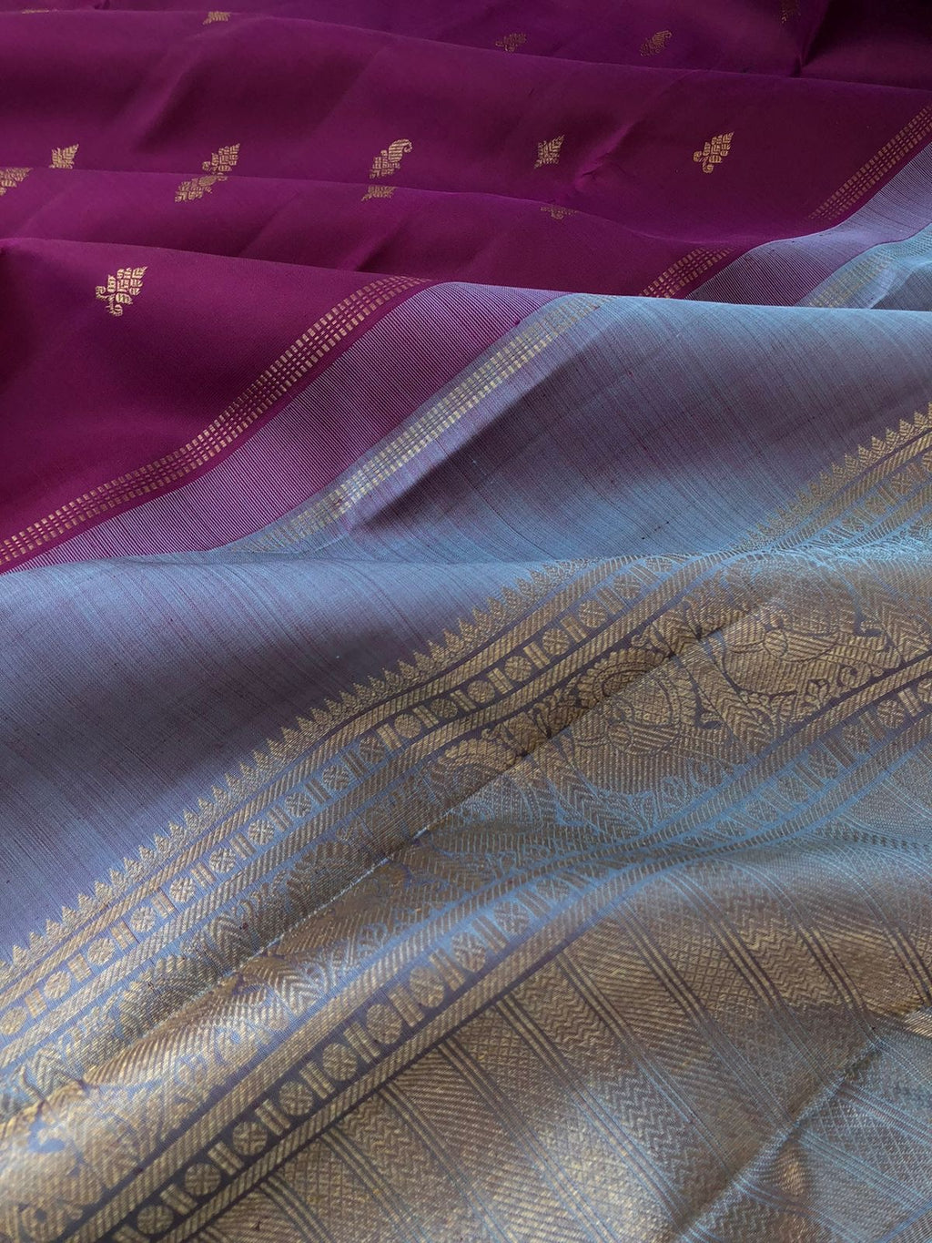 Radhee - Rare Find Kanchivarams - unusual deep purple majenta body and greyish blue pallu and blouse