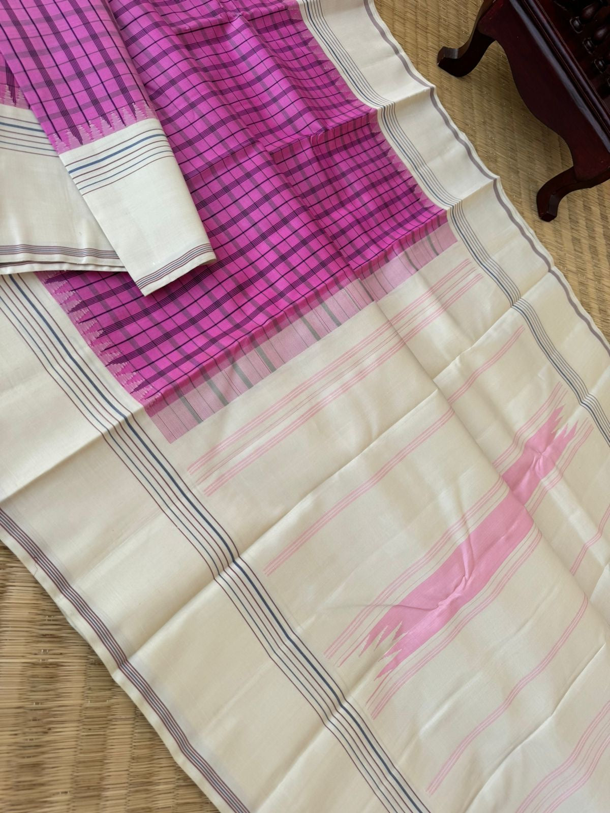 Kaavyam on Korvai Kanchivaram - beautiful rose pink and cream with black chex woven body