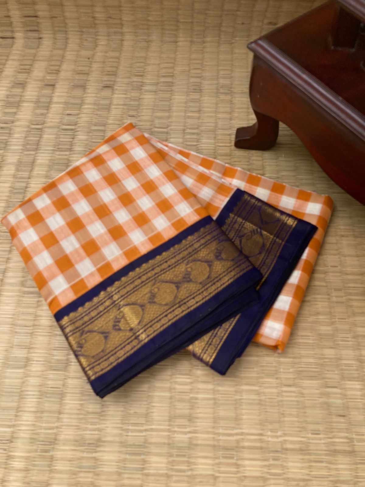 Paalum Palamum Kattams Korvai Silk Cottons - off white and orange with deep navy blue borders