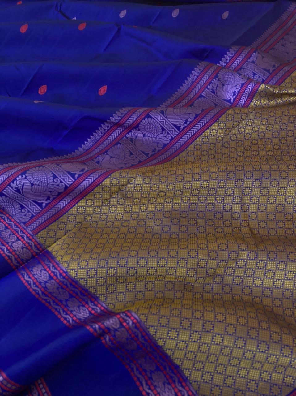 Woven from Memories - Beautiful No Zari Kanchivarams - beautiful ink blue with annapakshi woven retta pett borders