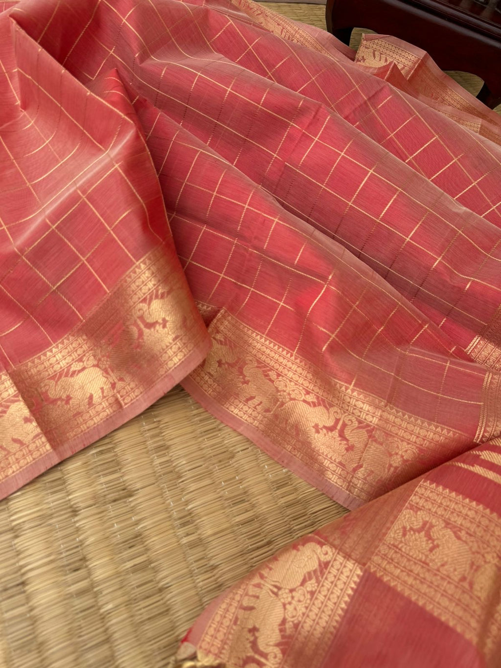 Zari Kissed Silk Cotton - beige mixed rose gold muthukattam with elephant and lotus motifs woven borders