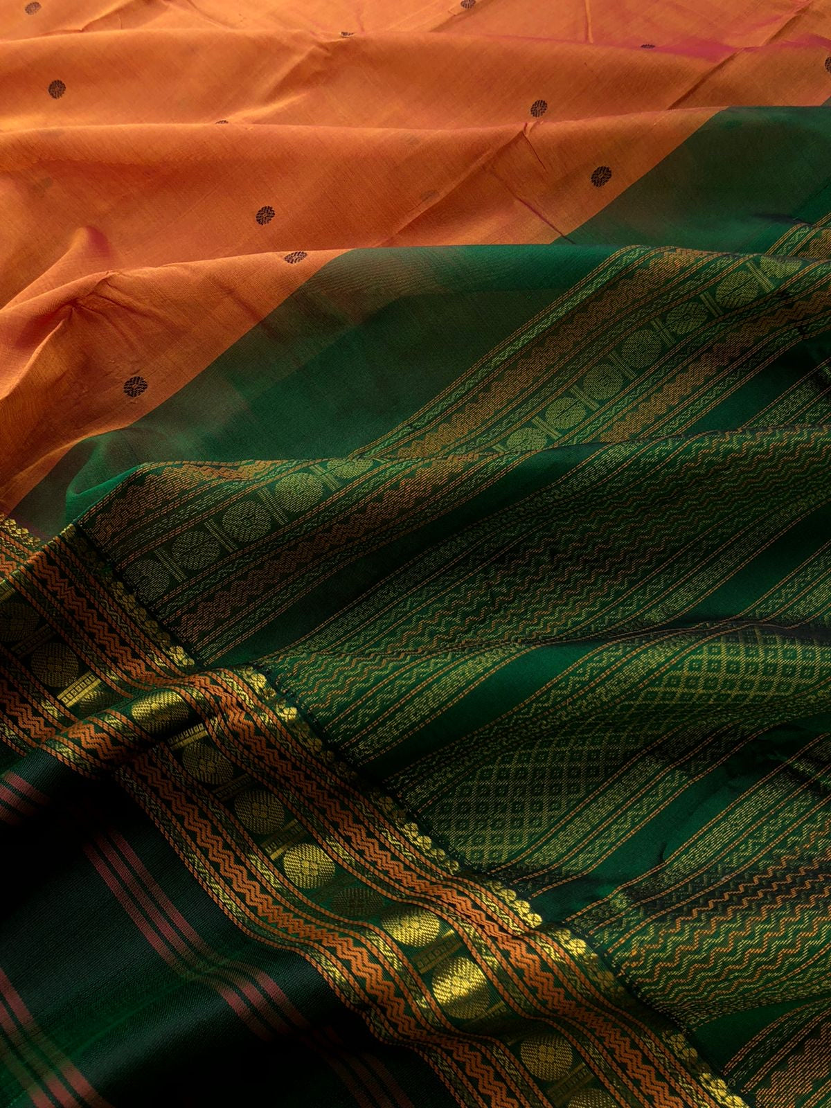 Divyam - Korvai Silk Cotton with Pure Silk Woven Borders - rust honey brown and Meenakshi green