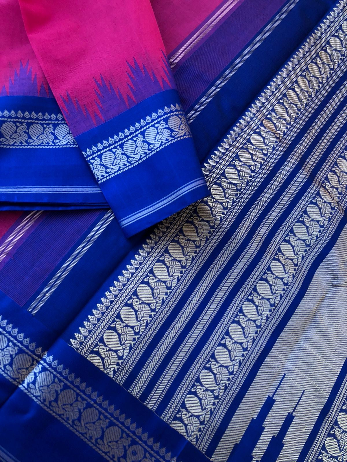 Mira - Our Exclusive Cotton body with Pure Silk Korvai Borders - Indian pink and Royal blue with annapakshi woven borders