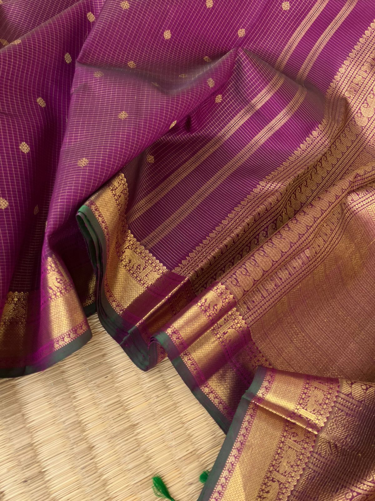 Treasures of Kanchivaram - Solid Gold Zari Woven Border Kanchivarams - stunning deep purple and gold Vairaoosi kattam with gorgeous pallu