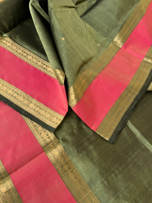 Zari Kissed Silk Cotton - burnt elachi green with retta pett woven borders