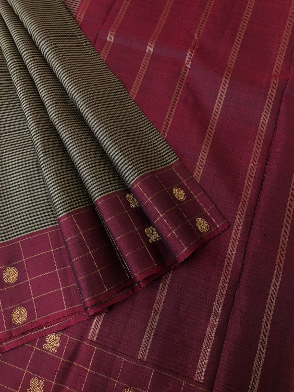 Radhee - Rare Find Kanchivarams - black grey podi kattam with wine maroon borders pallu and blouse