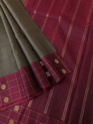 Radhee - Rare Find Kanchivarams - black grey podi kattam with wine maroon borders pallu and blouse