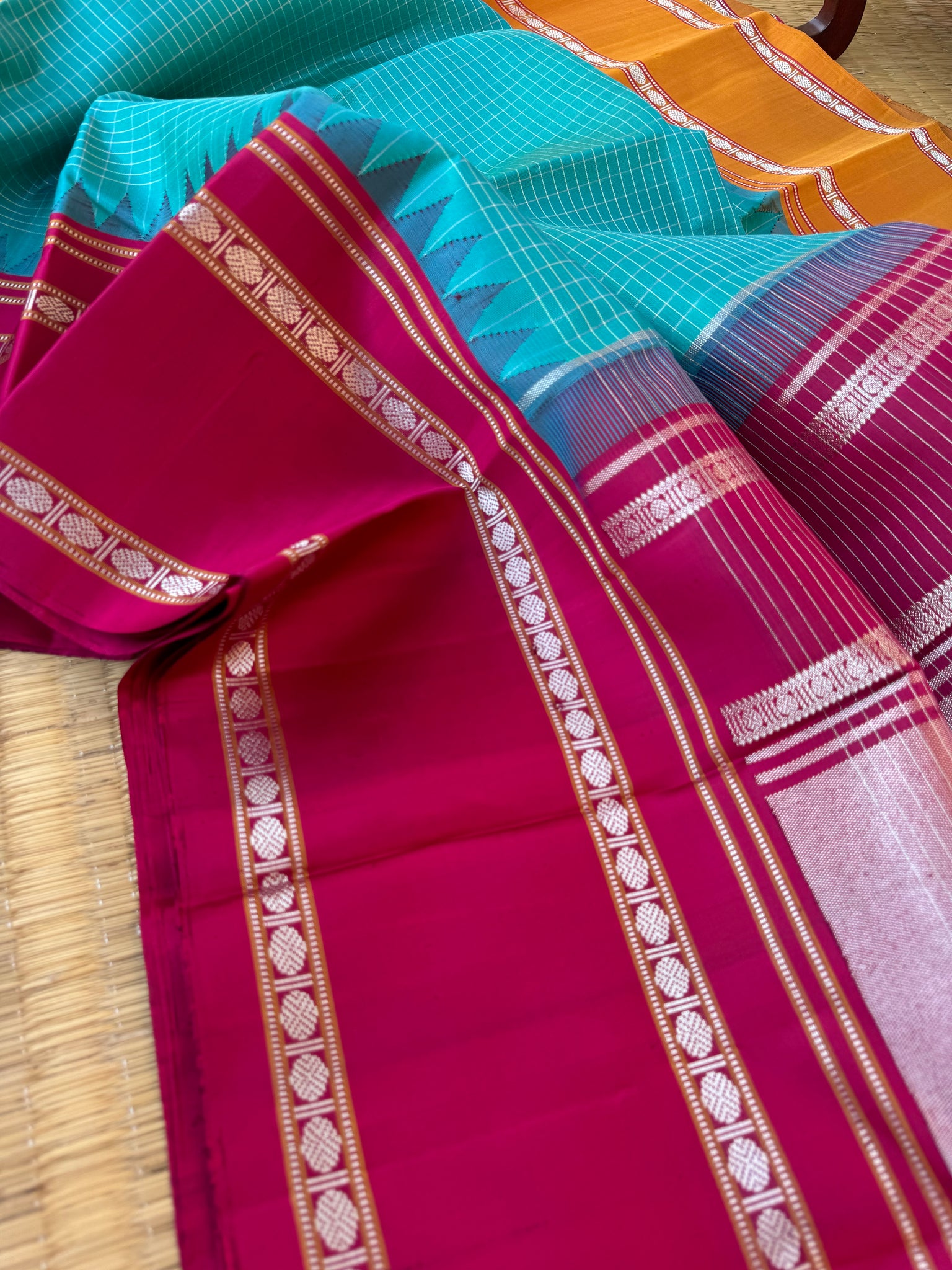 Statement of Kanchivaram - KK3 - beautiful teal vintage Kanchivaram with silver zari oosi kattam with maroon and mustard ganga jammuna korvai Kanchivaram