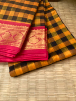 Paalum Palamum Kattams Korvai Silk Cottons - mustard and black chex with red