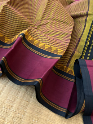 Signature Korvai Silk Cottons - rust mustard kasa kasa kattam with burgundy and black borders