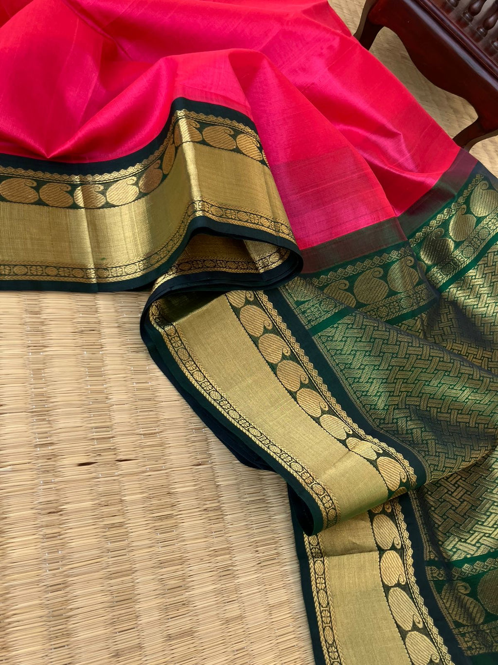 Korvai Silk Cotton - beautiful pink and Meenakshi green