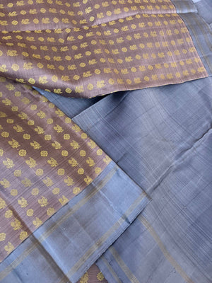 Haritham - Heirloom Yarn Play on Kanchivaram - unusual beige and grey 1000 woven buttas