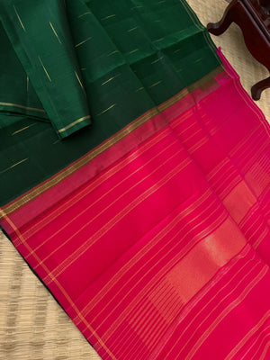 Corporate Kanchivaram - Deep dark Meenakshi green and Indian pink red malli mokku. Emerald, ruby, diamonds will work best for this saree