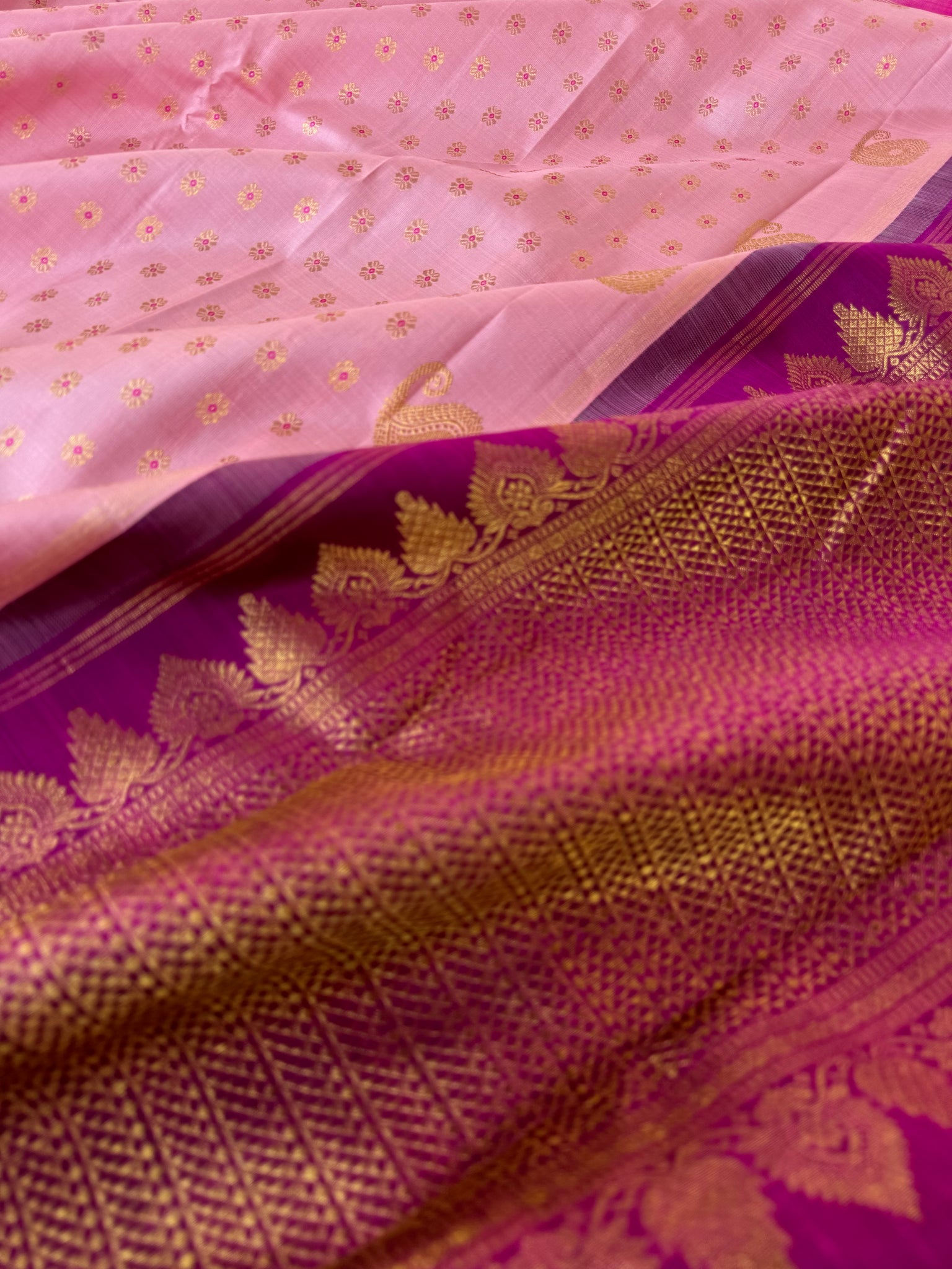 Meenakari - Our best selling one of a kind baby pink meenakari Kanchivaram with short woven pallu