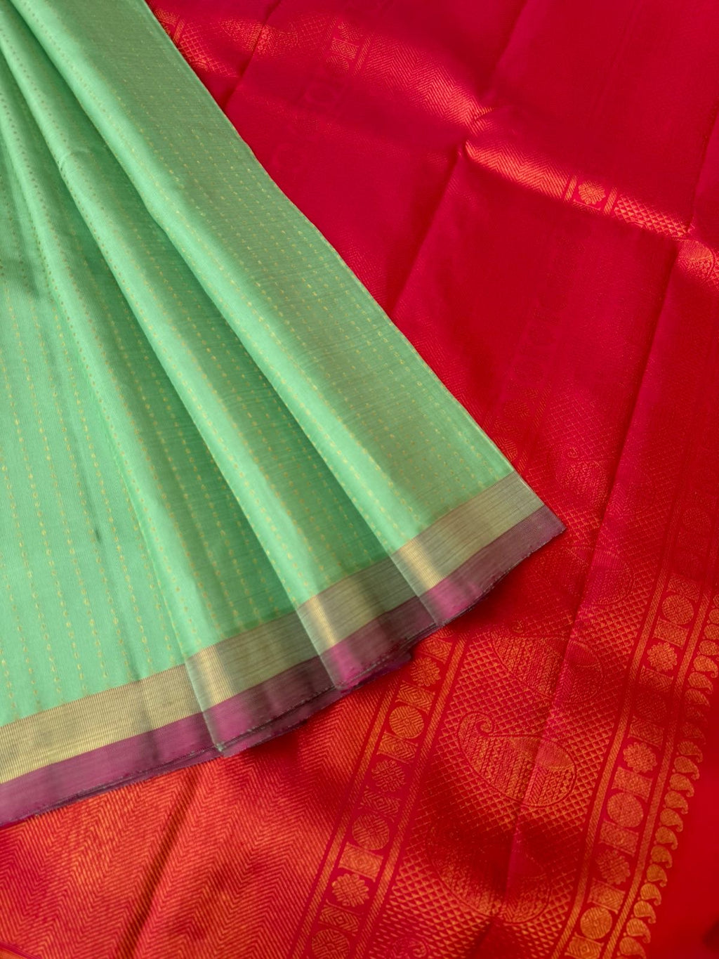 Shree - Stunning Small Border Kanchivarams - pista green lakshadeepam and red pink pallu and blouse