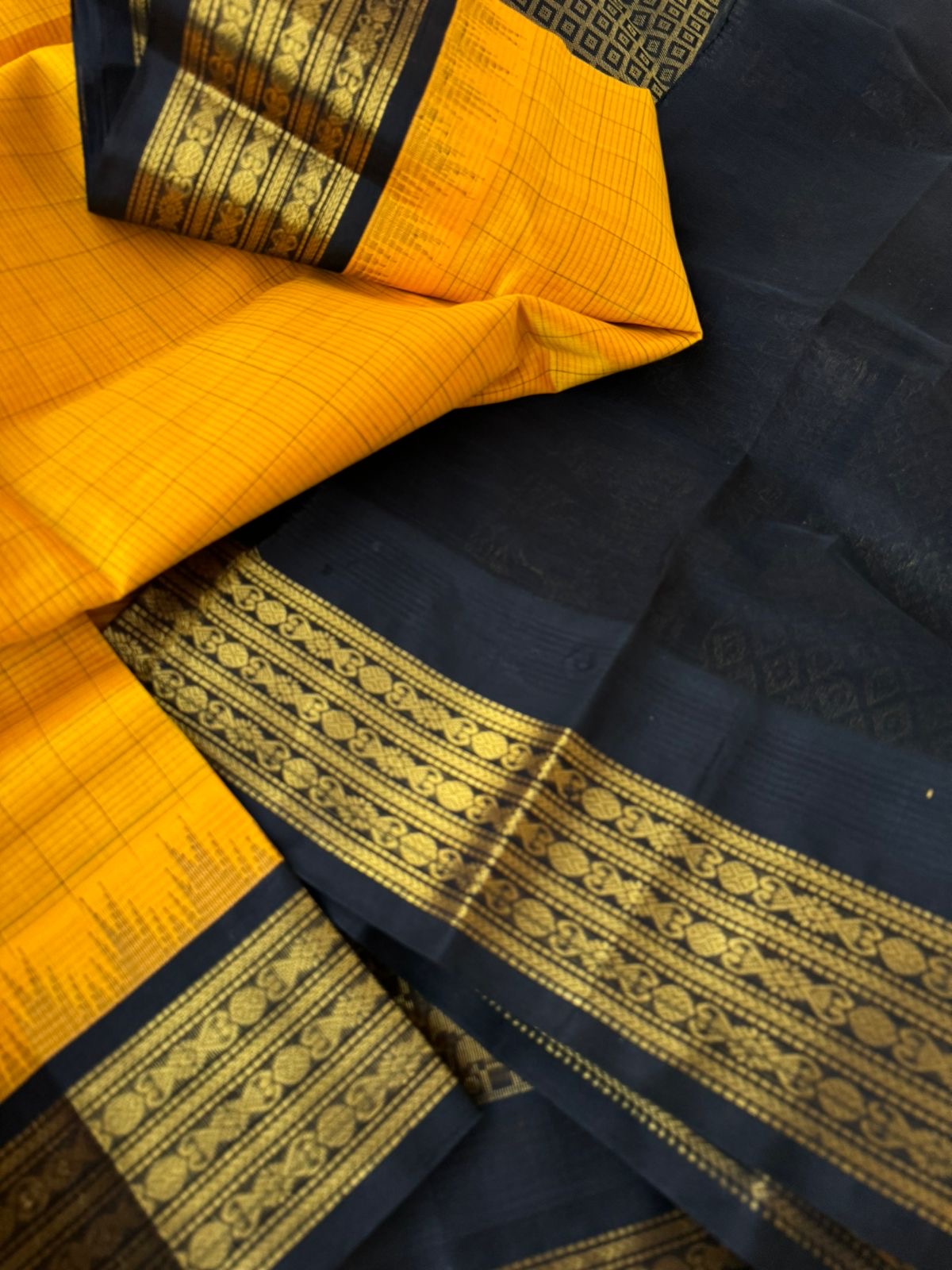 Korvai Silk Cotton - mustard and black zari kattam