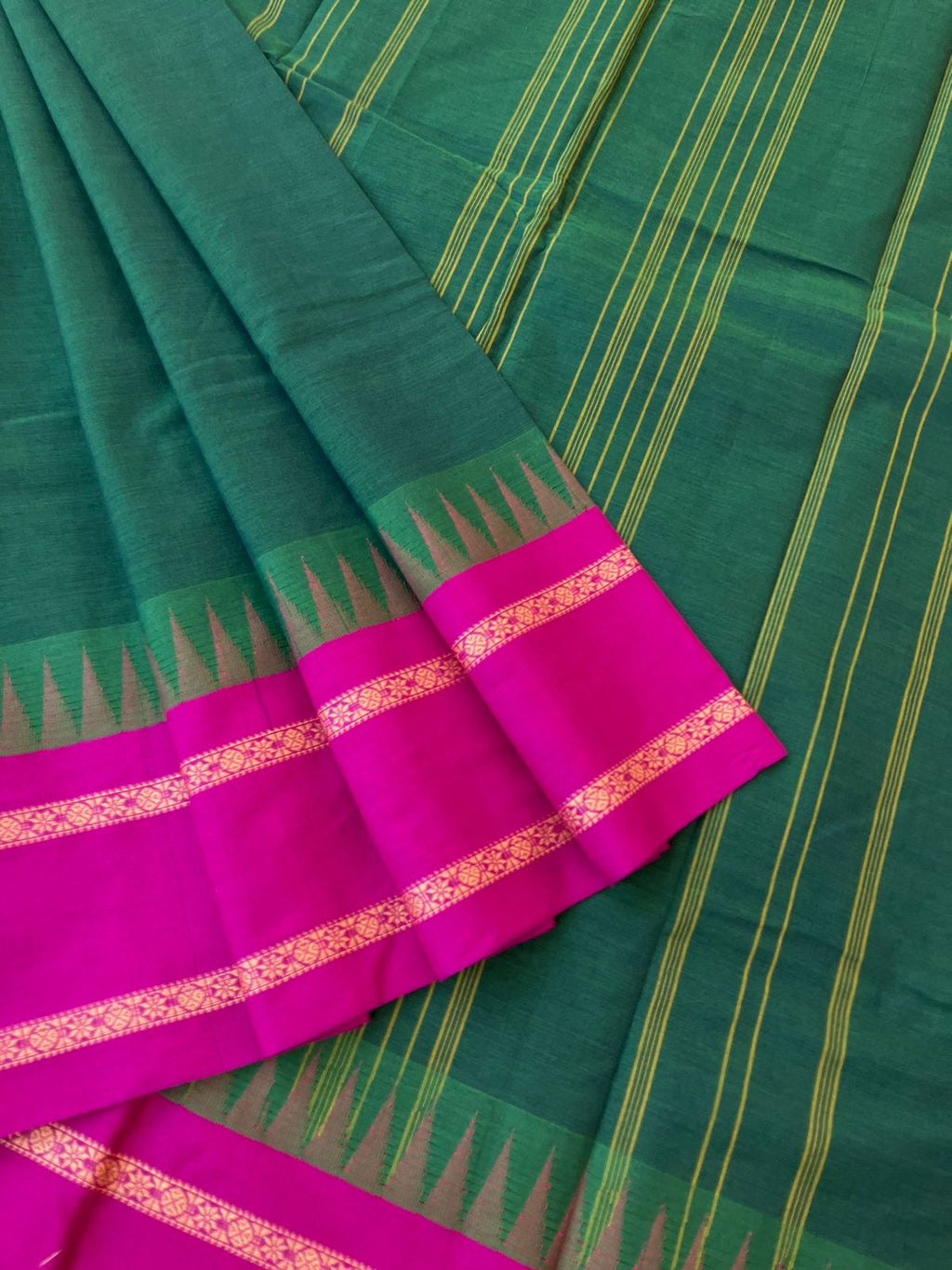 Korvai Stories - forest green and deeper pink