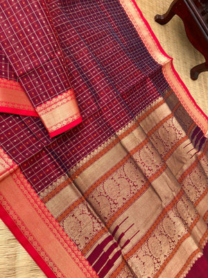 Traditional Colours Woven Motifs Silk Cotton - maroon lakshadeepam