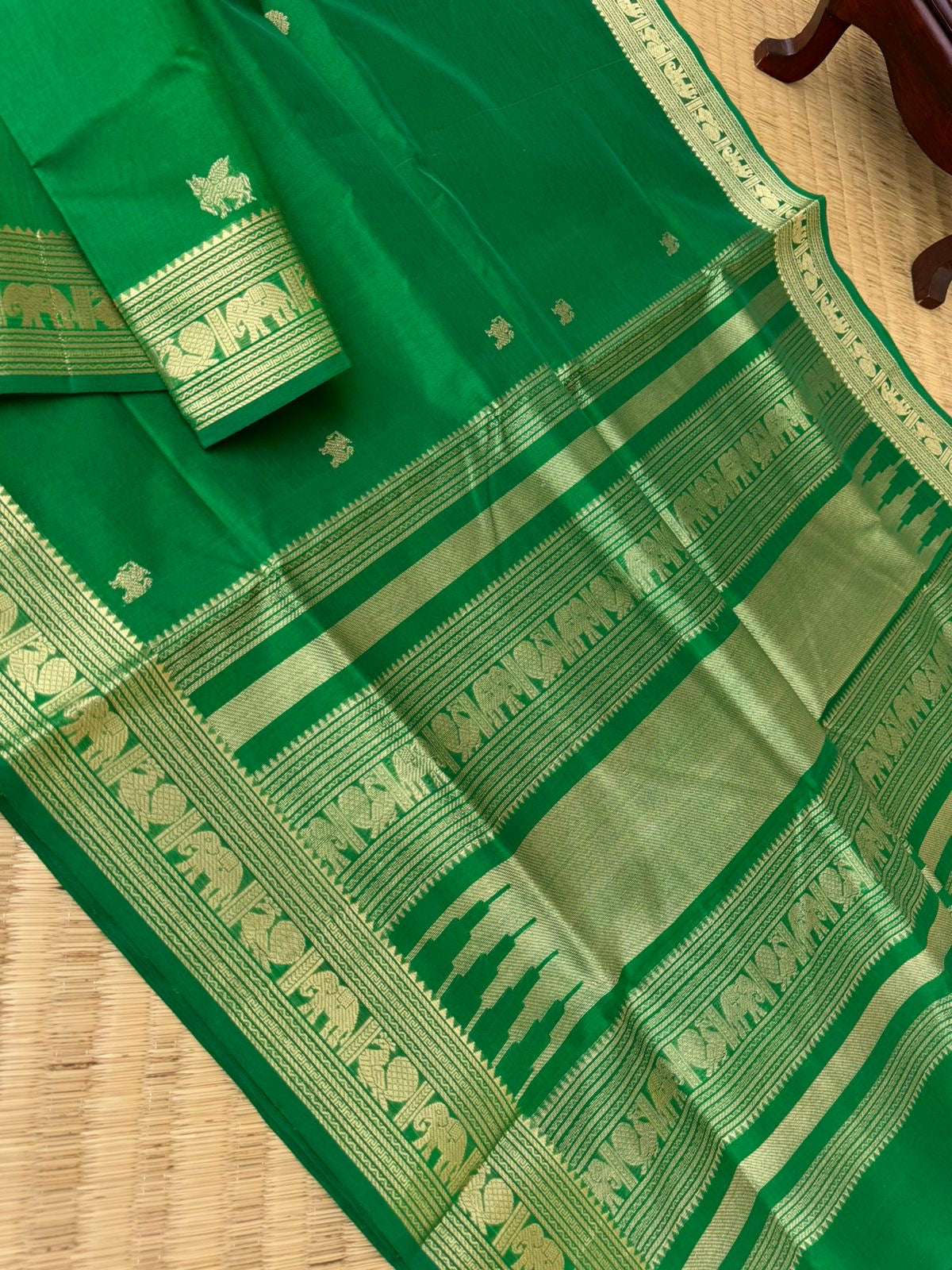 Zari Kissed Silk Cotton - leaf green with elephant woven borders