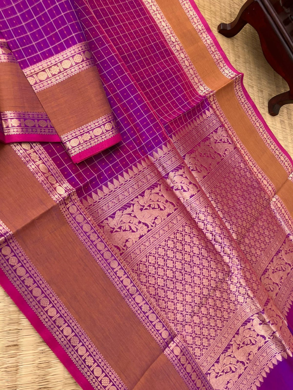 Traditional Colours Woven Motifs Silk Cotton - pink violet lakshadeepam