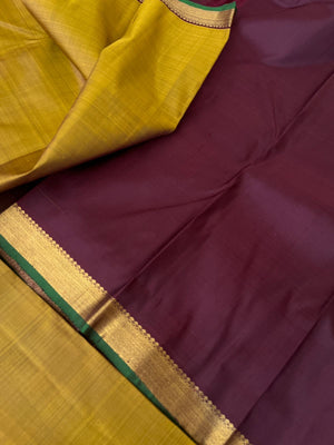 Shree - Stunning Small Border Kanchivarams - molten fenugreek and coffee brown