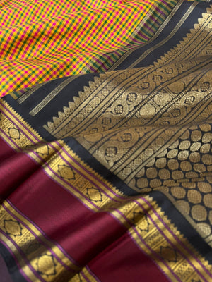 Paalum Palamum Kattam on Kanchivarams - stunning very tine mustard pink and green chex body with black and wine korvai woven retta pett borders