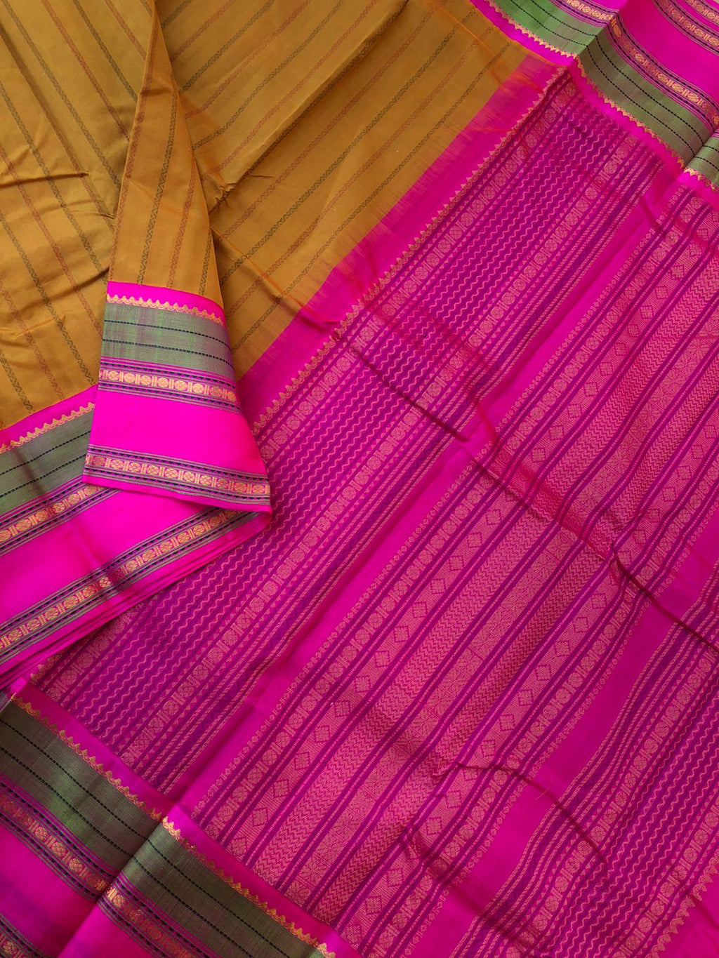 Divyam - Korvai Silk Cotton with Pure Silk Woven Borders - olden mustard and pink